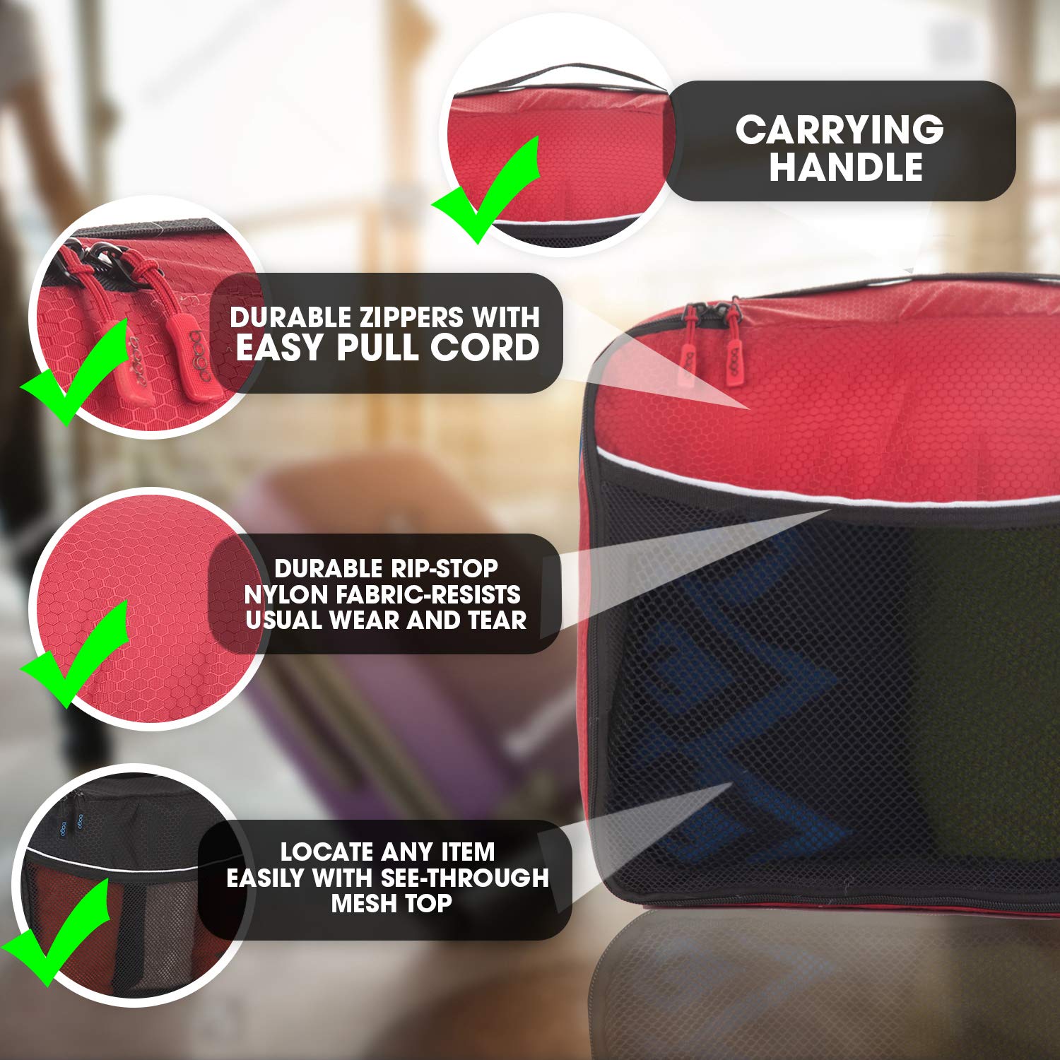 Bago Set di 7 cubi di imballaggio per valigie e borse da viaggio – Cubi da imballaggio a compressione per organizzatore da viaggio – 4 cubi da viaggio più 3 sacchetti con cerniera (verde, rosso, M