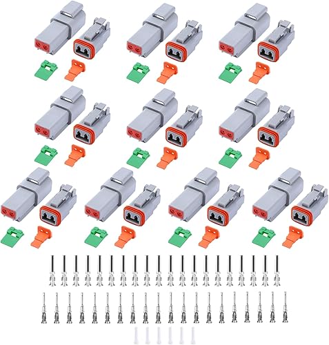Deutsch DT - Juego de 86 conectores de 2 pines, color gris, 10 unidades, conectores de cable eléctrico impermeables con contactos estampados y
