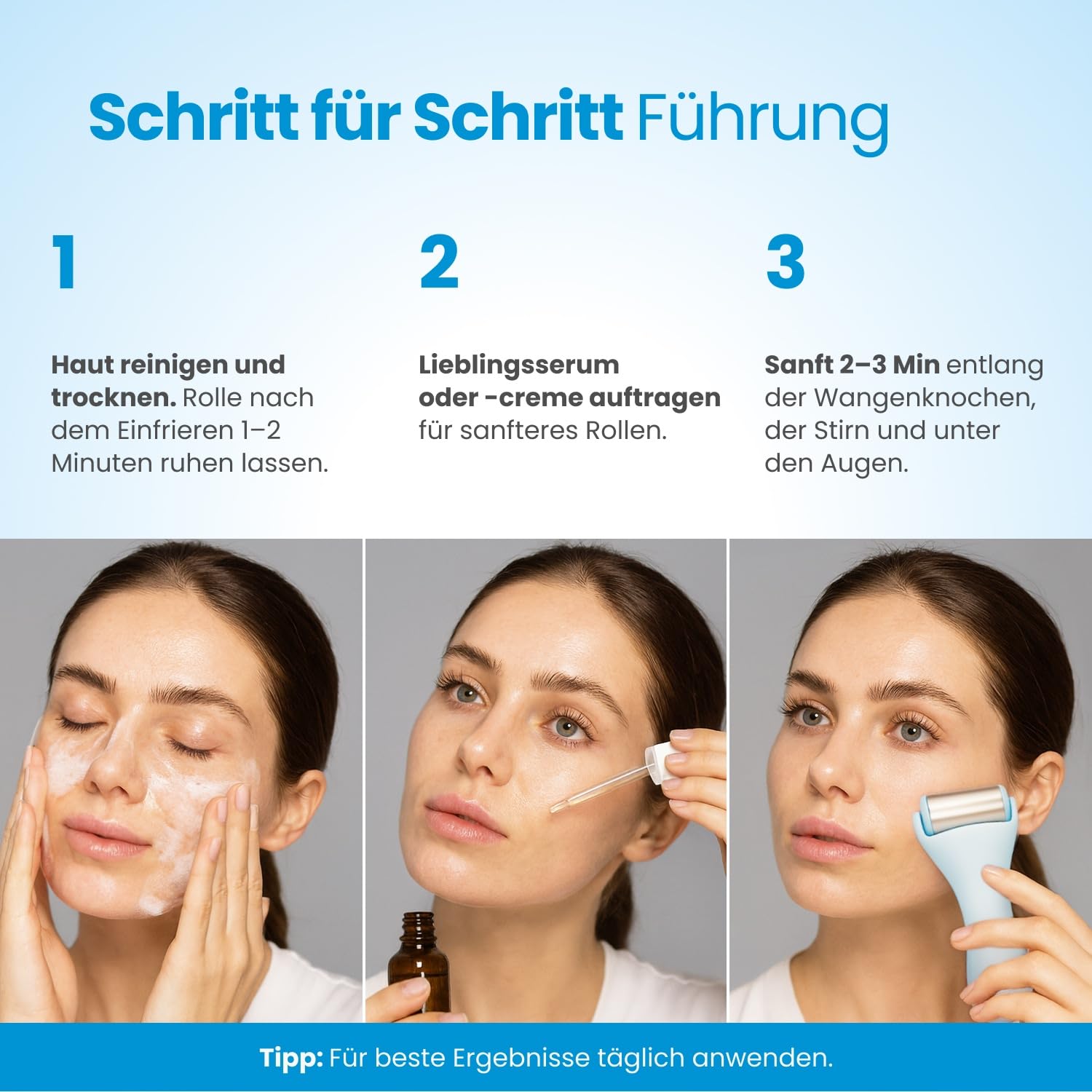 PLANTIFIQUE Facial Ice Roller - Puffiness Cryotherapy Skin Care Massage Tool - Stainless Steel Roller and Korean Jojoba Oil & Hyaluronic Acid Face Massage Serum – Hydrating Anti-Aging Collagen