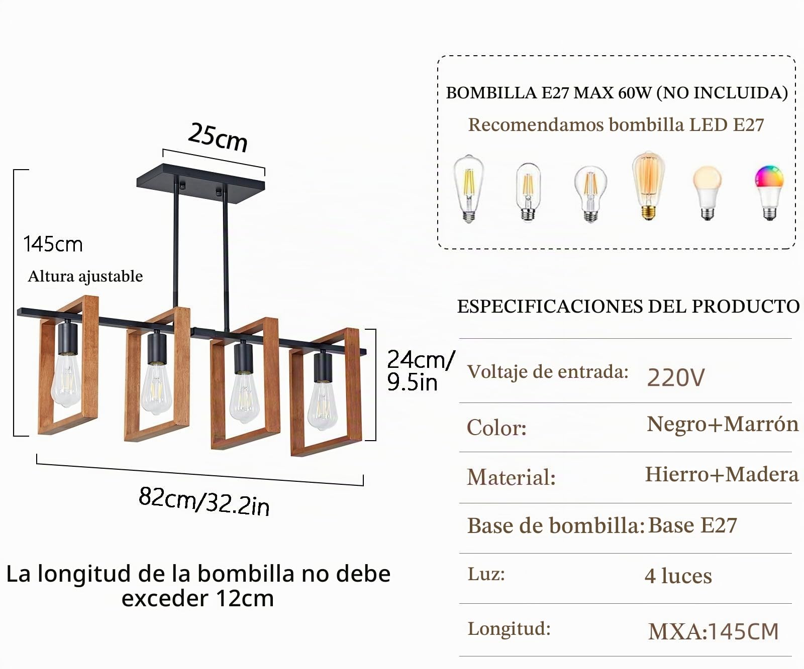 Iluminación de isla de cocina,luces de mesa de billar de madera y metal,alturas colgantes industriales ajustables Lámparas de Techo para comedor y sala de estar,pasillo de vestíbulo (A,4 Heads)