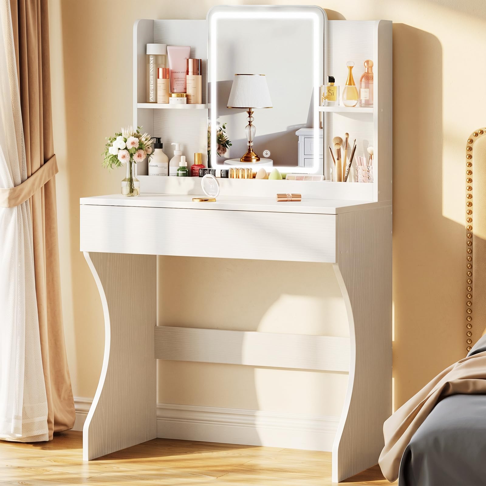 White Vanity Desk with Adjustable Lights and Mirror