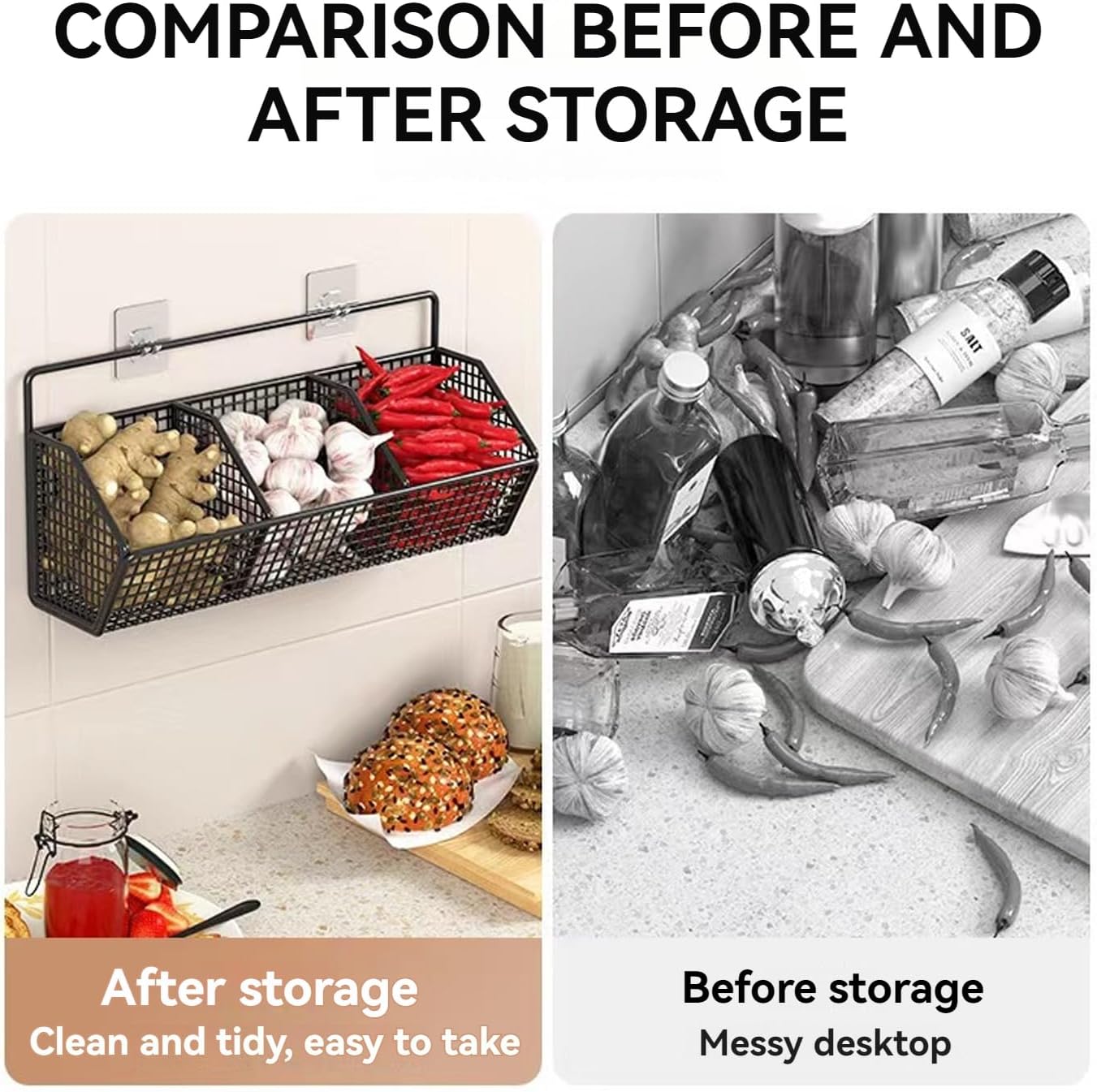 3 Grids Hanging Storage Box for Ginger & Garlic, Punch-Free Wall Mount Kitchen Rack, Multi-Purpose Organizer for Spices, Sundries, Black