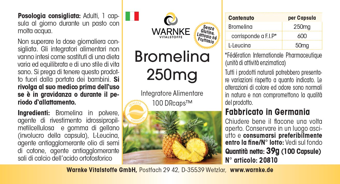 Bromelina 250mg – 600 F.I.P. – Enzima natural de la piña – Vegana – 100 cápsulas | Warnke Vitalstoffe - Calidad de farmacia alemana