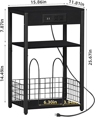 Miniatura 4 de LELELINKY Mesa auxiliar con estación de carga, mesita de noche negra con puertos USB y tomacorrientes, soporte para tocadiscos de madera industrial