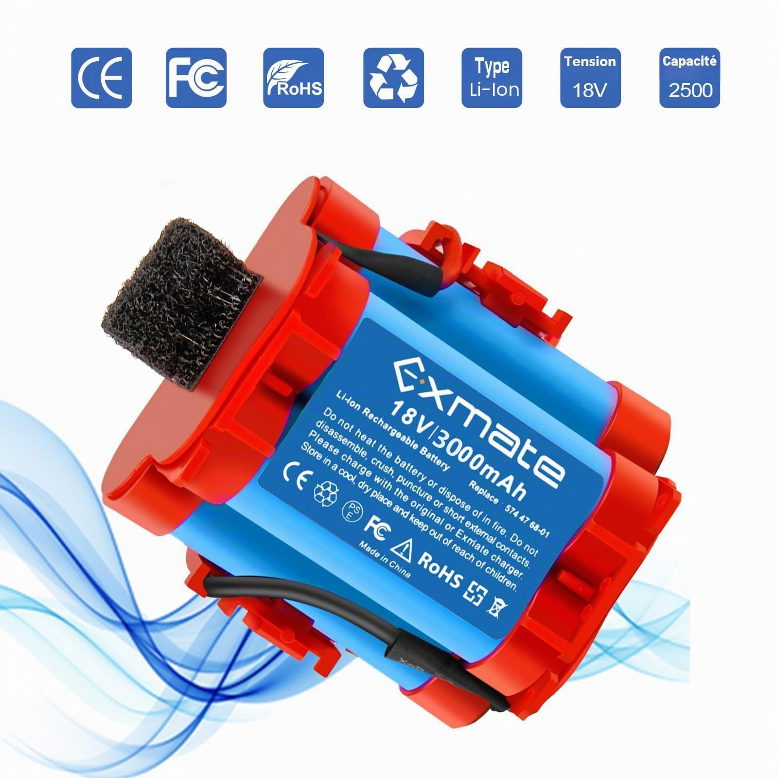 Exmate 18 V 3.0 Ah 574 47 68-01/02/03 586 57 62-02 Batterie Li-ION pour Gardena R38Li R40Li R45Li R50Li R70Li R70Li, Flymo 1200R, Husqvarna Automower 105, 305 308X McCulloch RORO. B R1000 R800.