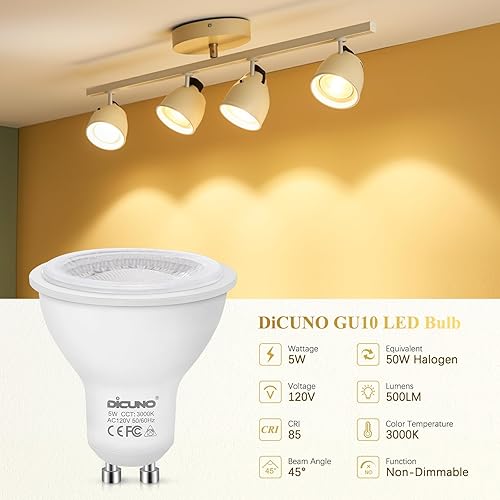 Miniatura 2 de DiCUNO Bombillas LED GU10 de 5 W, blanco cálido, 3000 K, 500 lm, ángulo de haz de 45 grados, foco, equivalente a bombillas halógenas de 50 W, luz