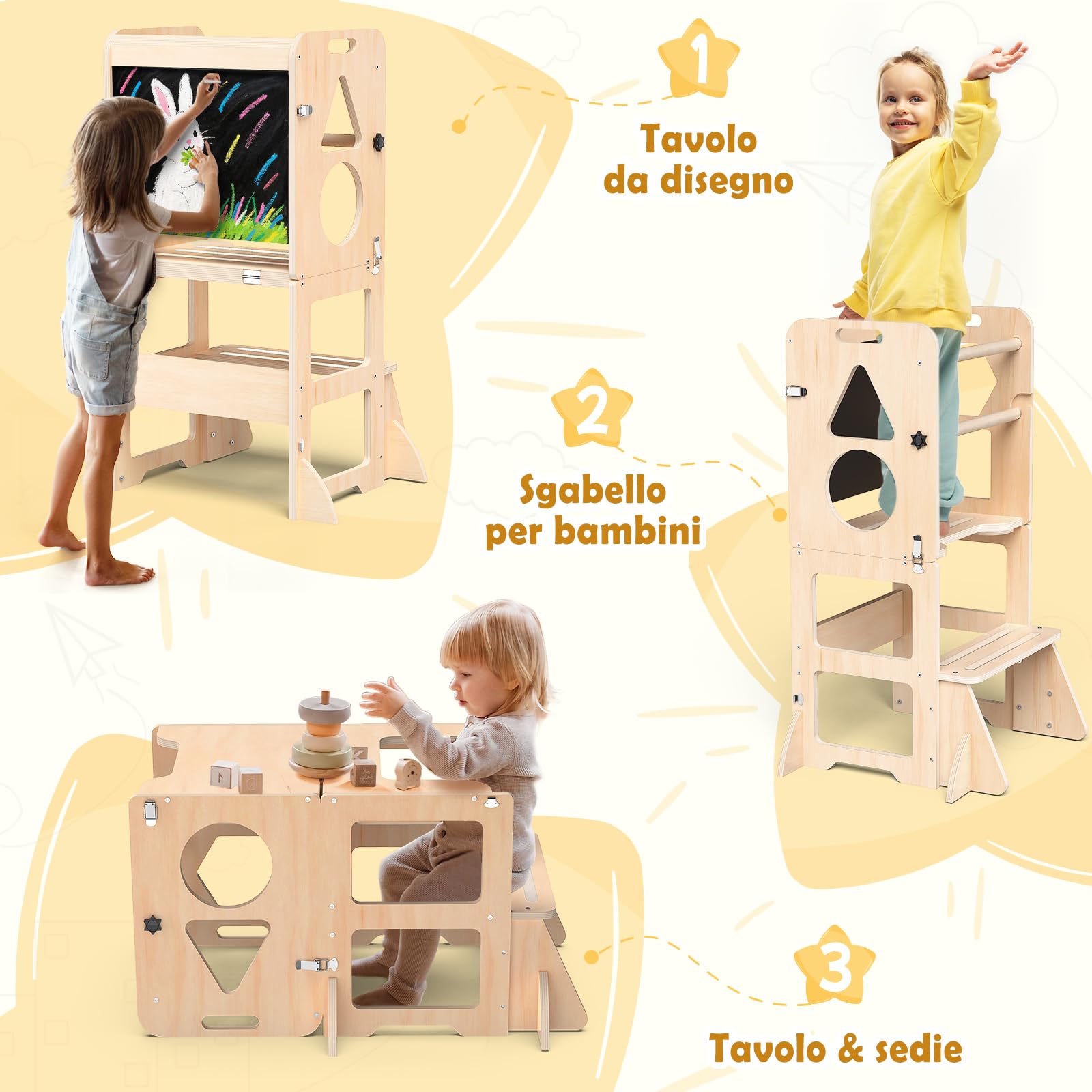 3-in-1 Torre montessoriana per bambini, Sgabello pieghevole con lavagna, torre di apprendimento per bambini per cucina, tavolo da pranzo e bagno