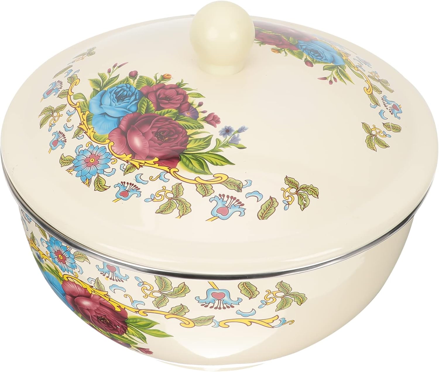 Yardwe Vintage Enamel Oil Pot Enamel Mixing Bowl with Lid