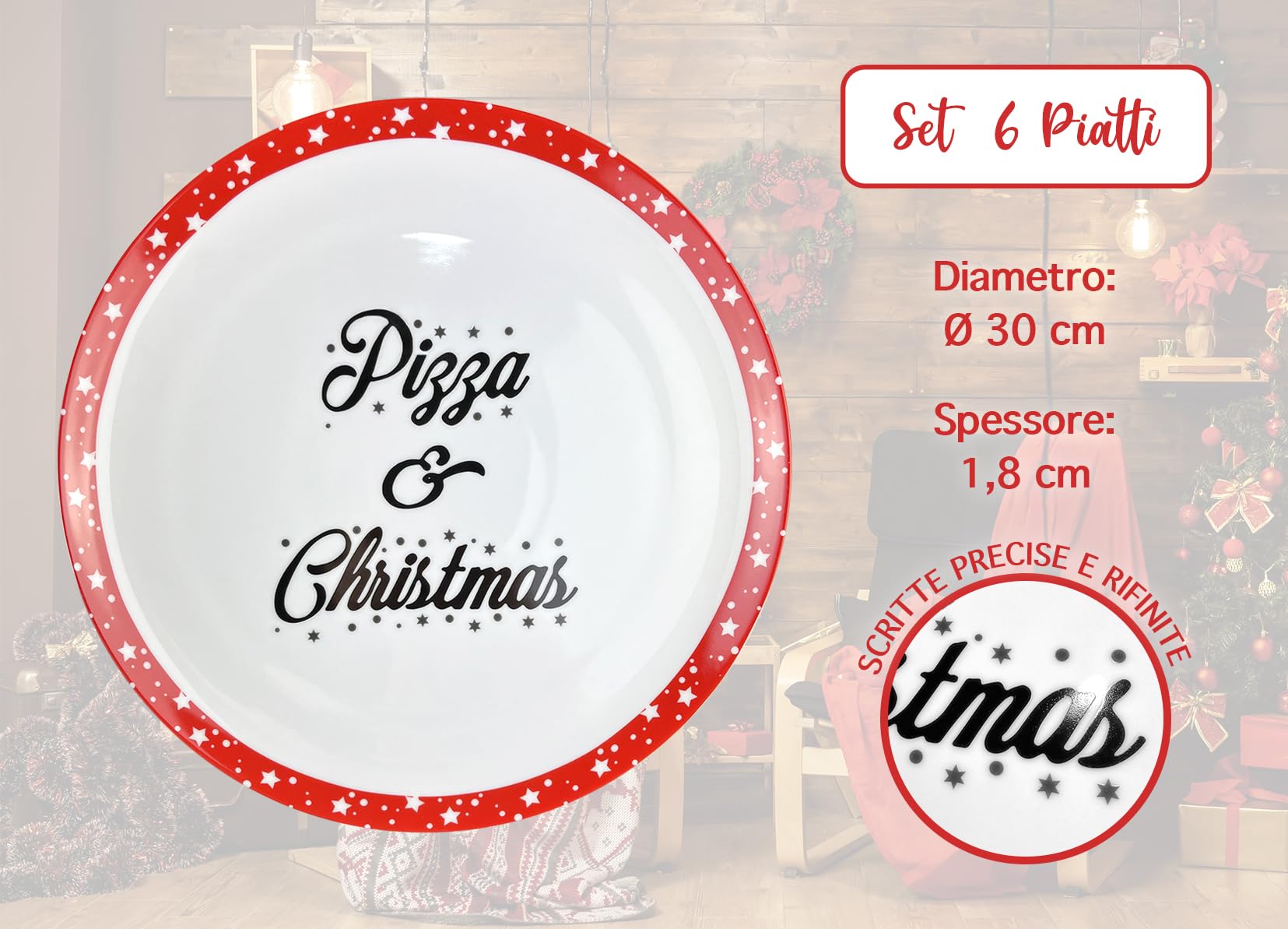 IlGruppone Set 6 Pezzi Piatti Pizza Natalizi Grandi Porcellana Bone China Ø 30 Cm Piani XL Tavola Natale Certificati Contatto Alimentare Sì Microonde Lavastoviglie Idea Regalo