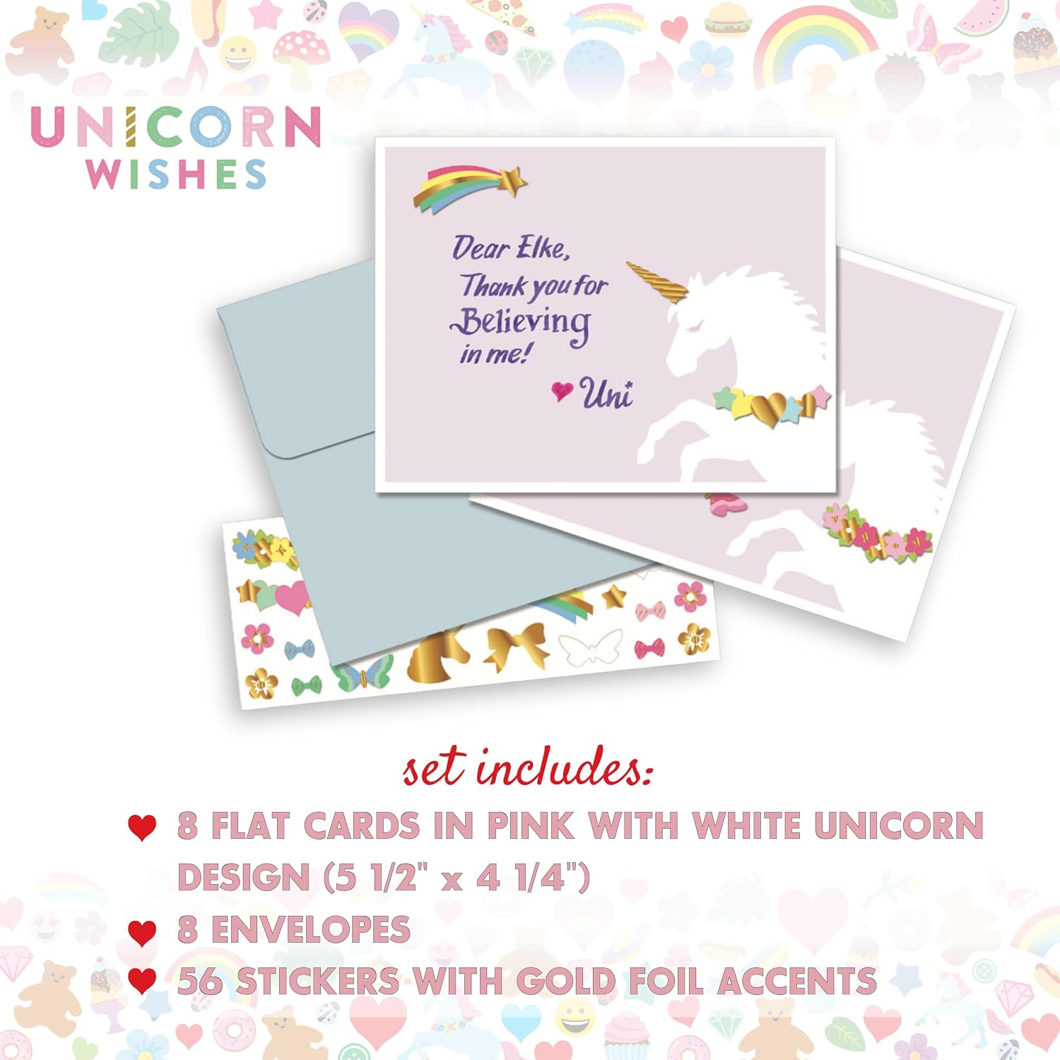 Mrs. Grossman's Design Your Own Sticker Notecards Card Making Kit - includes 8 Cards, Envelopes, and Classic Stickers - Create DIY Thank You, Birthday, Greeting Cards (Unicorn Wishes)