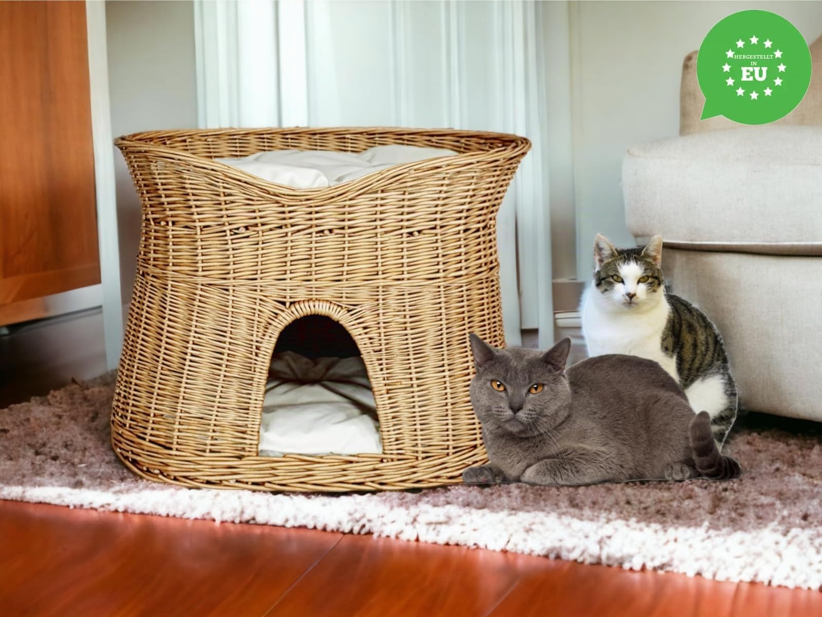 Katzenkorb zum Schlafen – Katzenhütte Indoor – Größe L: 60 cm oval – Katzenhöhle aus Weide – Zweistöckiger Hunde – oder Katzenbett mit waschbaren Kissen in Ecru – Natürliche Korbfarbe