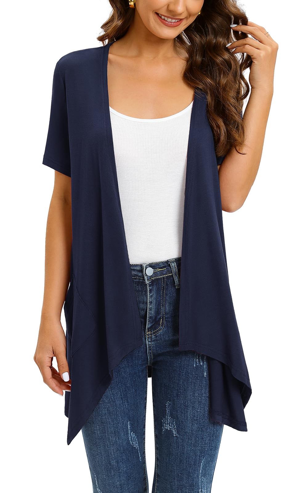 Wiwclo Veryoung Short Sleeve Cardigans for Women Casual Drape Open Front Lightweight Summer Cardigan with Pocket High Low Hem