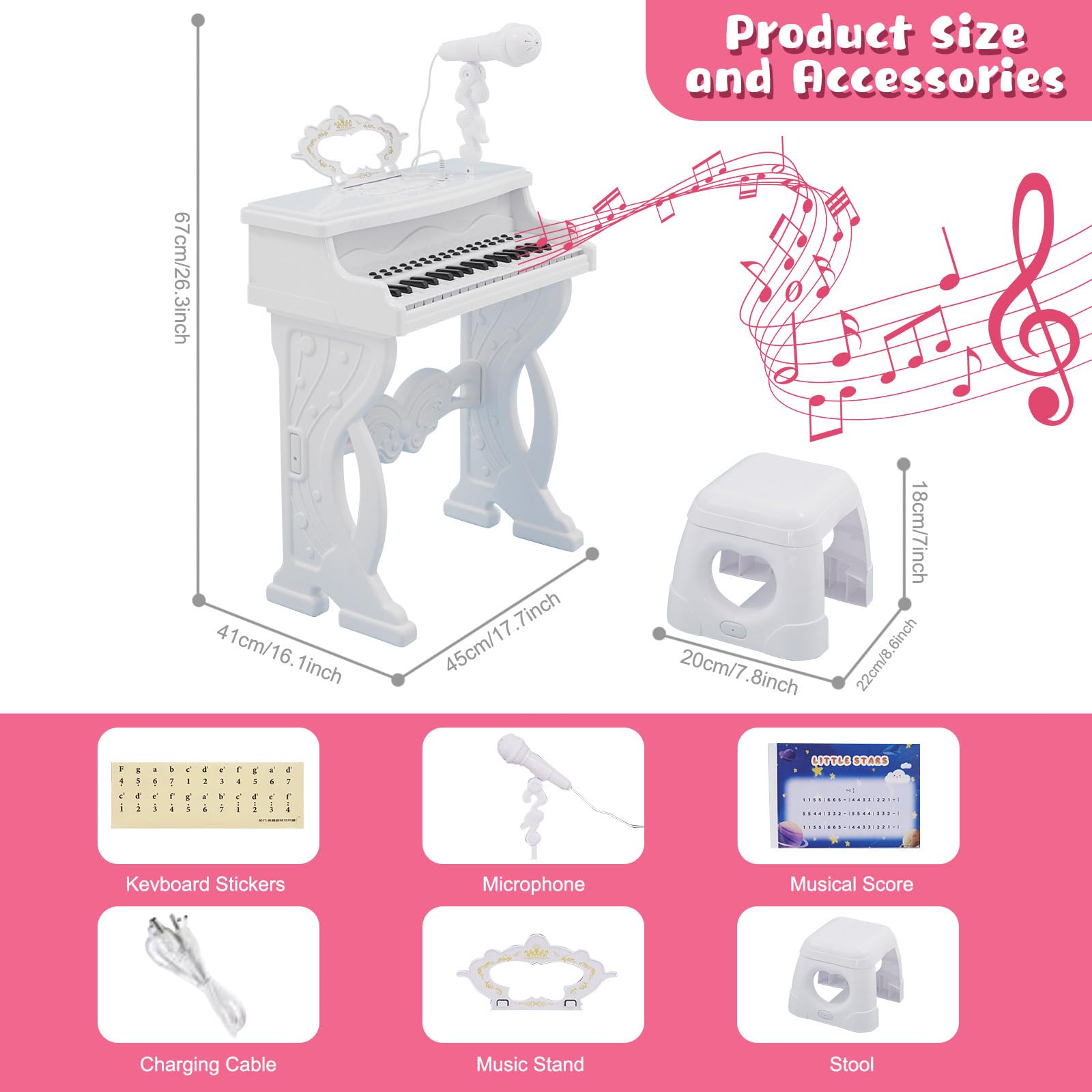 Clavier de Piano pour Enfants, 37 Touches avec Microphone Rotatif à 360 °, Jouets Éducatifs Multifonctions Électroniques Portable