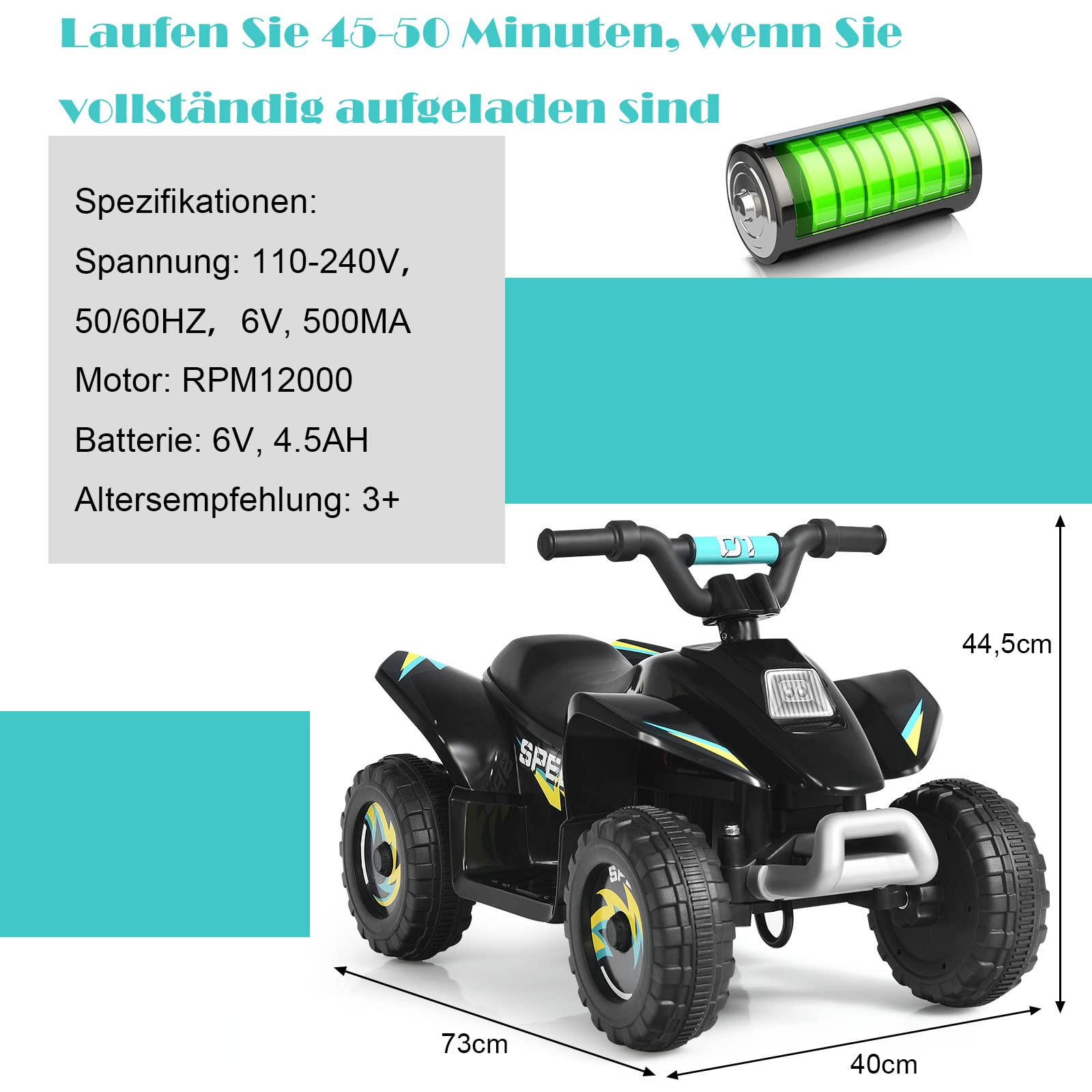 GOPLUS 6V Elektro Quad Kinder, Kinderfahrzeug mit Vor- und Rückwärtsschalter, Kinderquad mit bequemem Sitzplatz, Miniquad Kinderauto aus PP & Stahl, Elektro Motorrad für Kinder ab 3 Jahre (Schwarz)