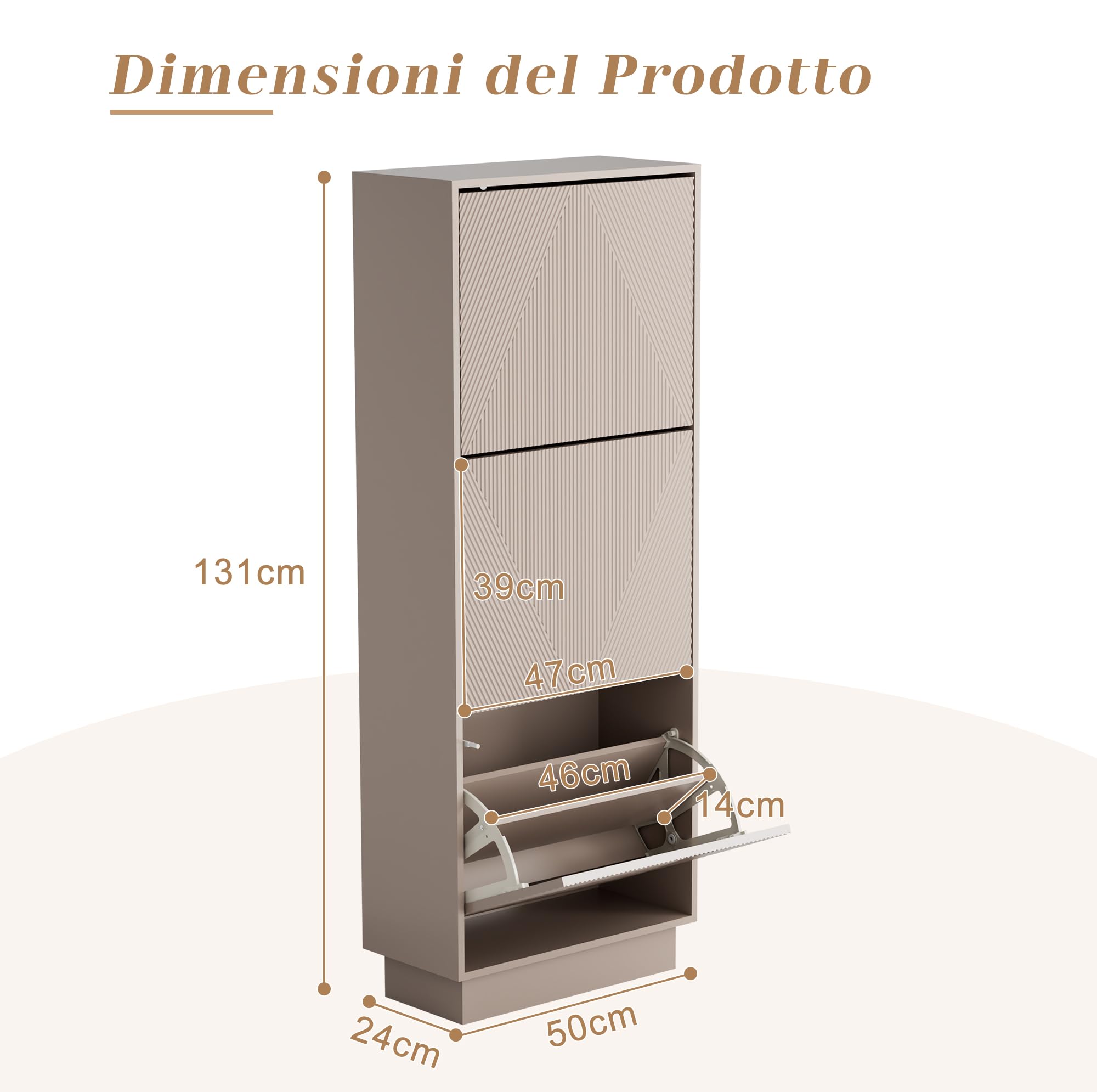 UEV Scarpiera da Ingresso con 3 Ante in Deisgn Intaglio, Mobile Scarpiera Bella e Funzionale con Ripiani Rimovibile e Regolabile, Scarpiere Salvaspazio Slim Stabili, 50 x 24 x 131cm, Beige Mocca