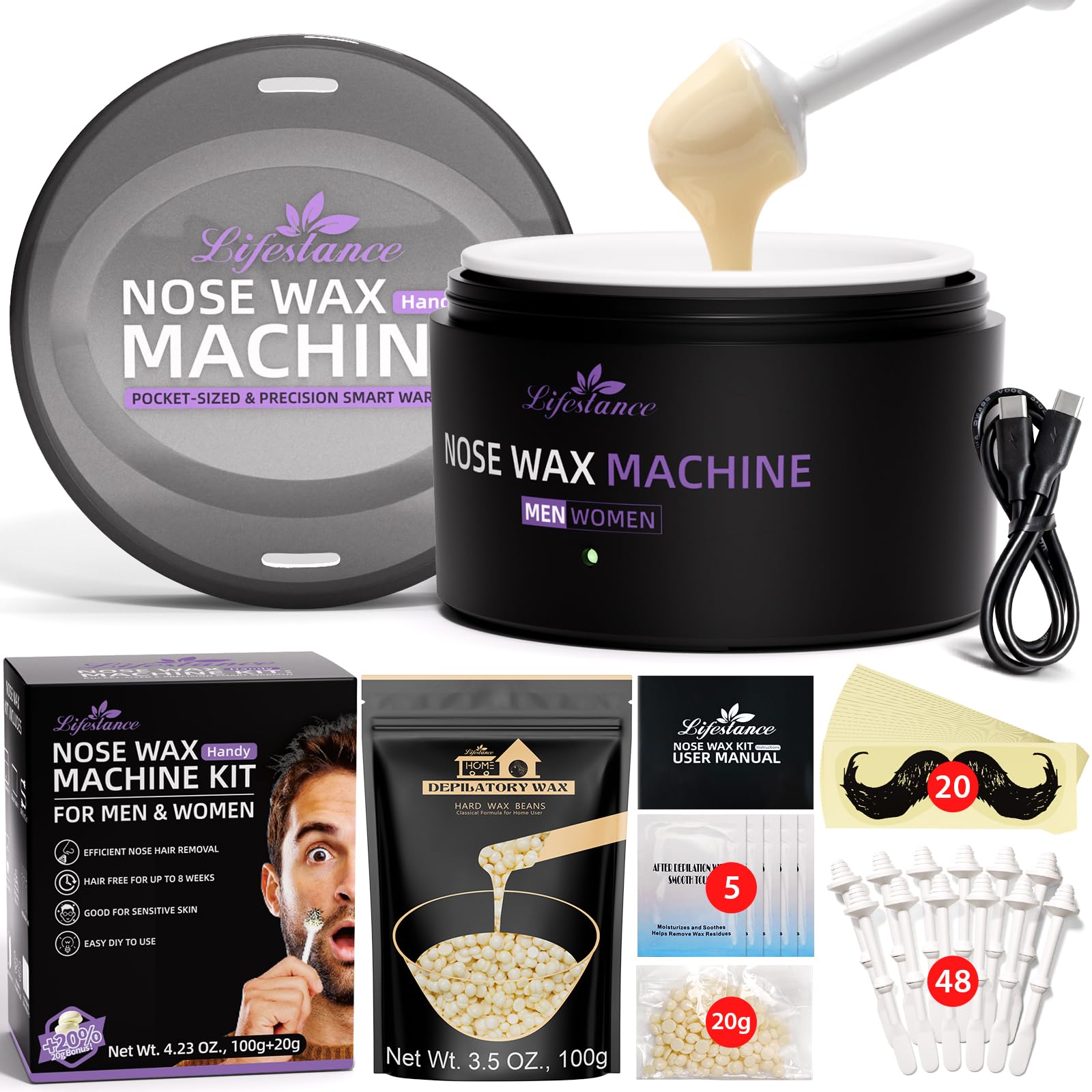 Lifestance Nose Wax Kit - 120g Wax, Pot with USB C to C, Fast Heating