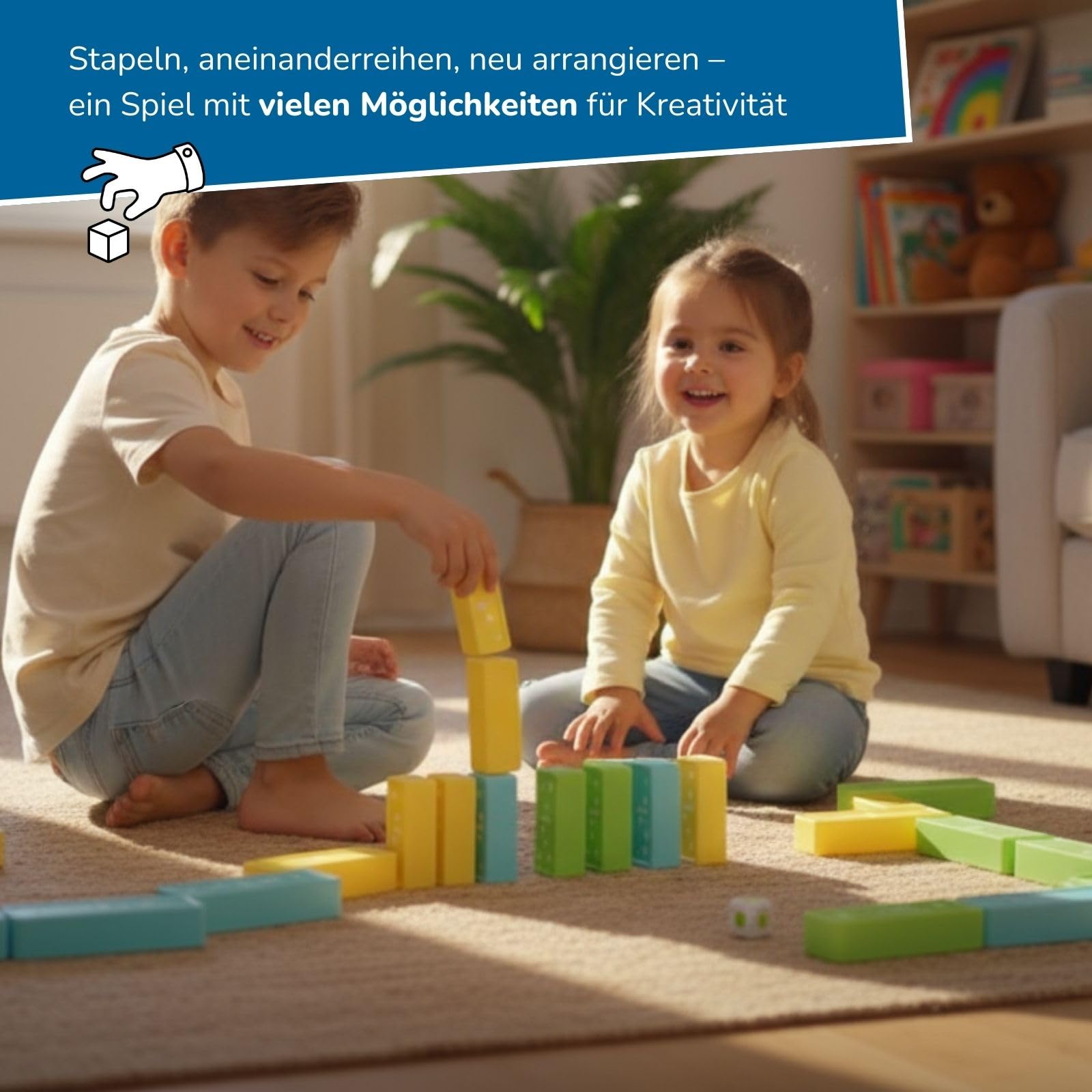 alldoro 60065 XXL Wackelturm & Domino 2 in 1, Geschicklichkeitsspiel im Jumbo-Format, 30 bunte Bausteine, inkl. Farbwürfel & Tasche, indoor & outdoor