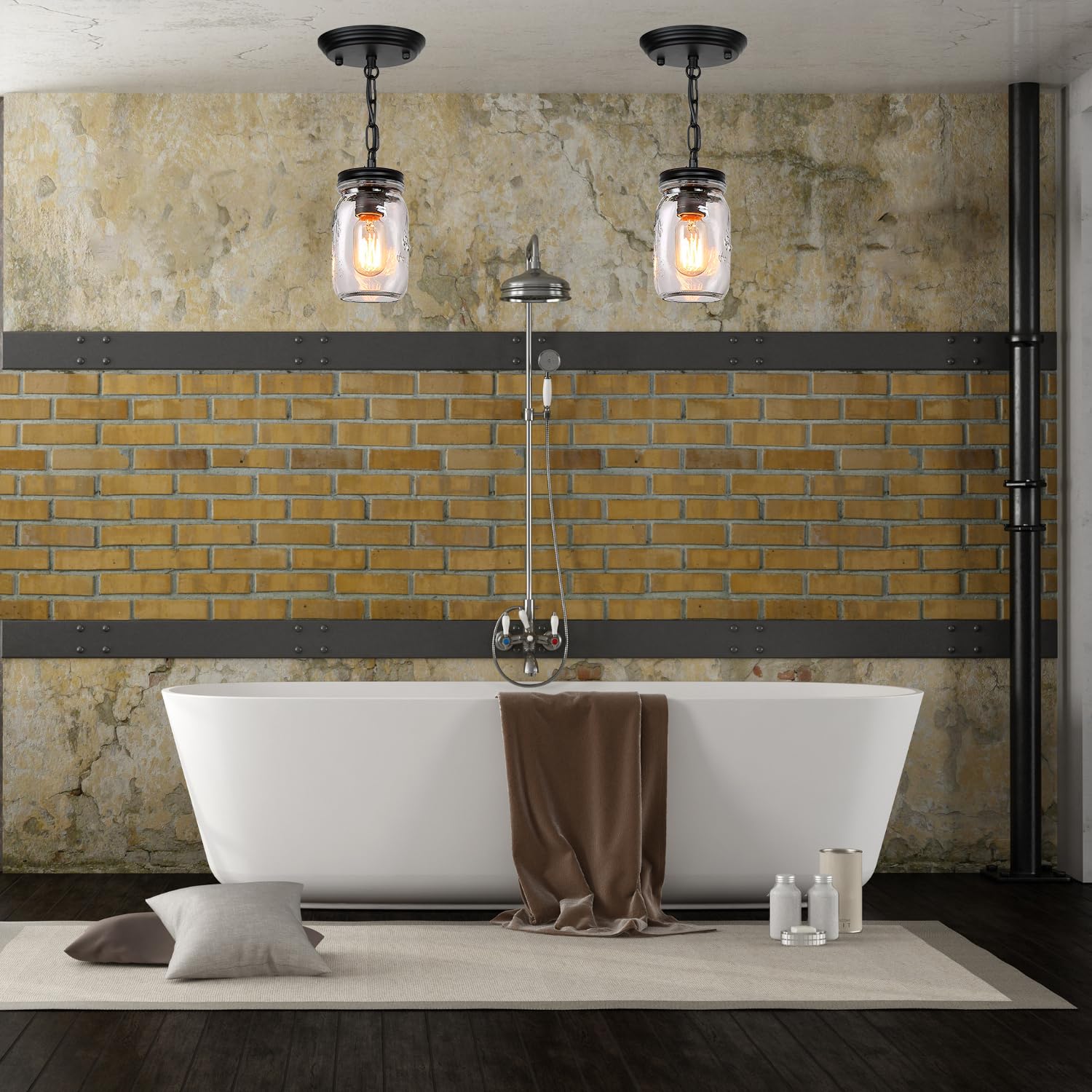Lámparas de cristal con tarro de cristal – Lámpara de techo colgante individual de 1 luz de montaje empotrado – Luces negras de granja para cocina, comedor, vestíbulo, escalera, pasillo, 6