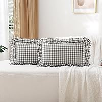 Vista 11 de Paquete de 2 fundas de almohada europeas a cuadros azul polvoriento, blanco, a cuadros, 100% algodón lavado, a cuadros, estilo francés, rústico