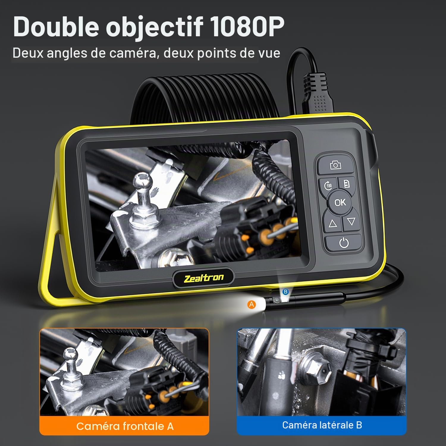 Endoscope numérique HD Industriel 1080p à Double Objectif, caméra d'inspection Endoscope IPS de 5,0" avec étanchéité IP67 et 8 lumières LED, câble Semi-Rigide de 5M.