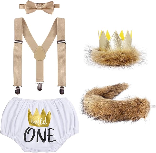 FYMNSI Baby Boy 1st / 2nd Birthday Cake Smash Outfit Wild One Lion Costume Photo Props Crown Tail Bow Tie Suspenders Bloomers Set