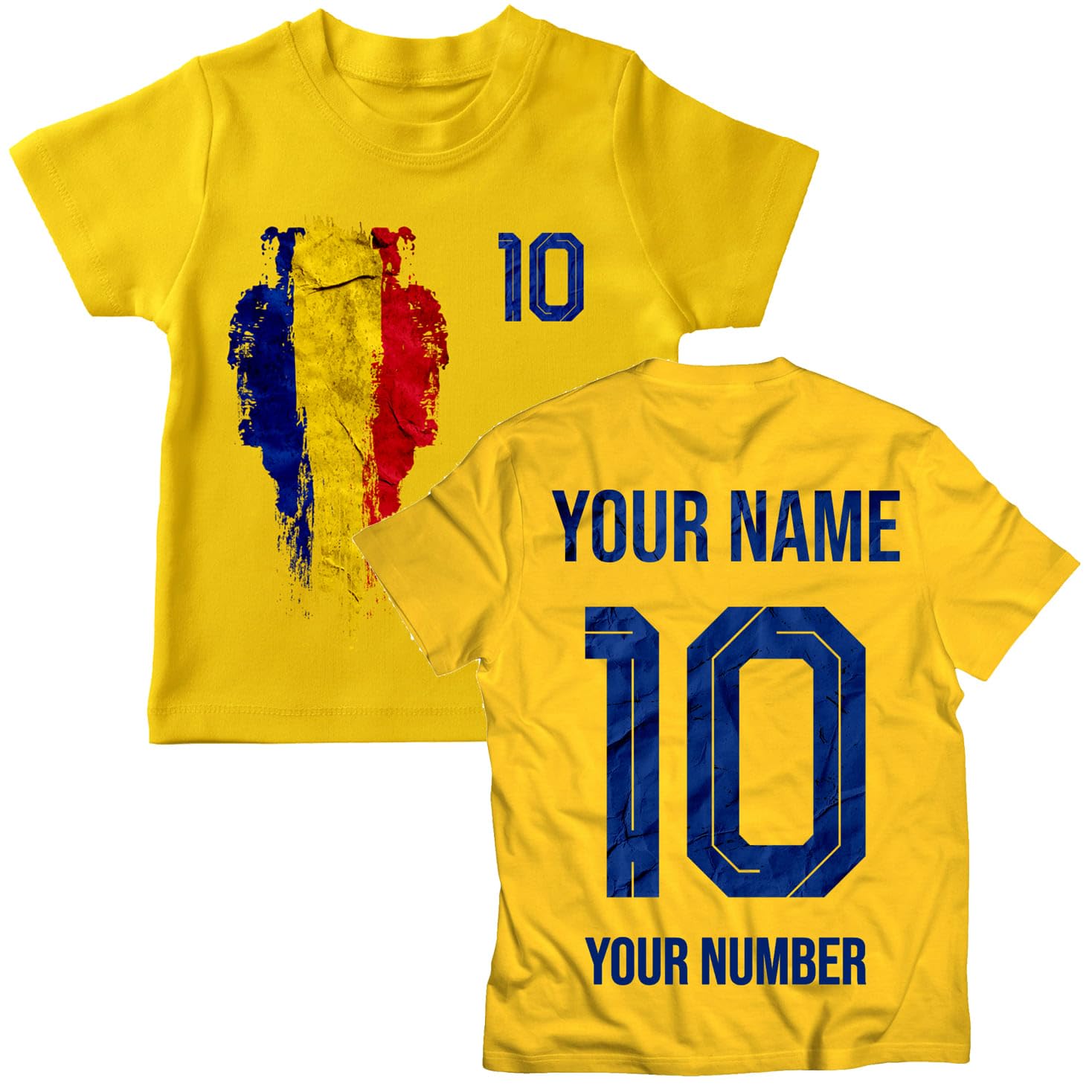 lepni.me Romania 2026 Personalised Kids' Football Fan Graphic Cotton T-Shirt, Custom Name and Number, Short Sleeve Supporters Top (5-6 Years Yellow Multi Color)