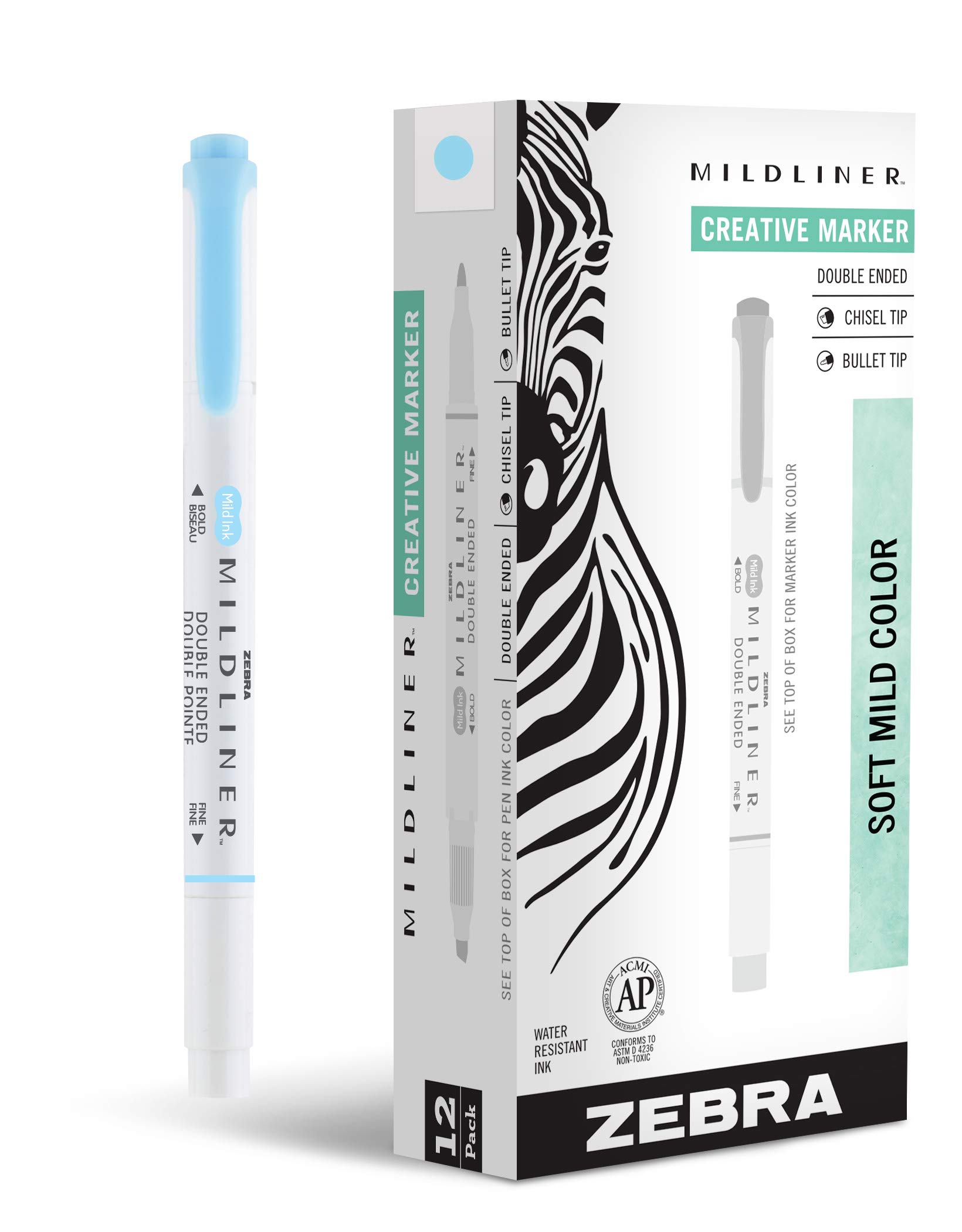 Zebra Pen Mildliner Double-Ended Highlighter Marker Set, Broad and Fine Point Tips, Ideal for Bible Highlighting, No Bleed, Mild Blue Ink, 12-Pack (78120upc)