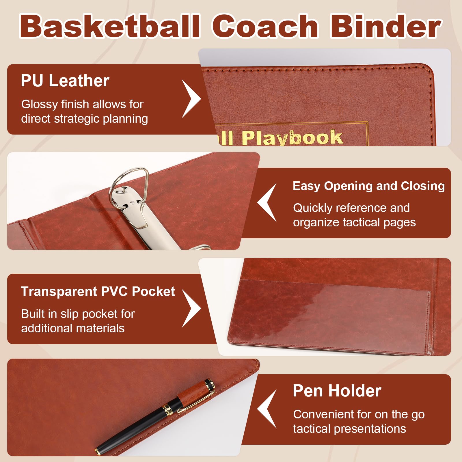 Basketball-Coach-Notizbuch, 63 Seiten, Playbook-Tagebuch, 21,6 x 27,9 cm, Basketball-Trainer-Ordner, Rotbraun, Basketball-Übungsplaner, Bohrer-Zubehör für Spieler, Studenten