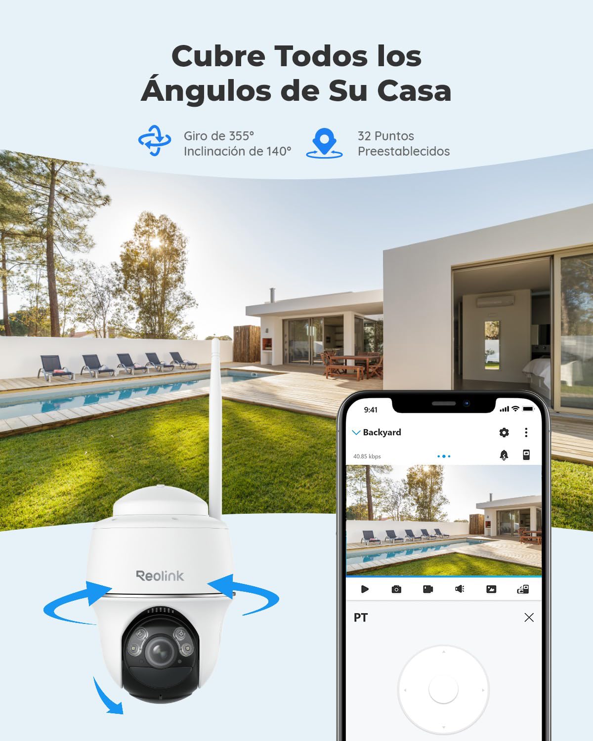 Reolink 5MP Camara Vigilancia WiFi Exterior, 360° Solar Cámara IP Sin Cable | Detección Smart, Audio de 2 Via, Almacenamiento local/nube, Acceso Remoto, Compatible con Alexa, Argus PT con Panel Solar