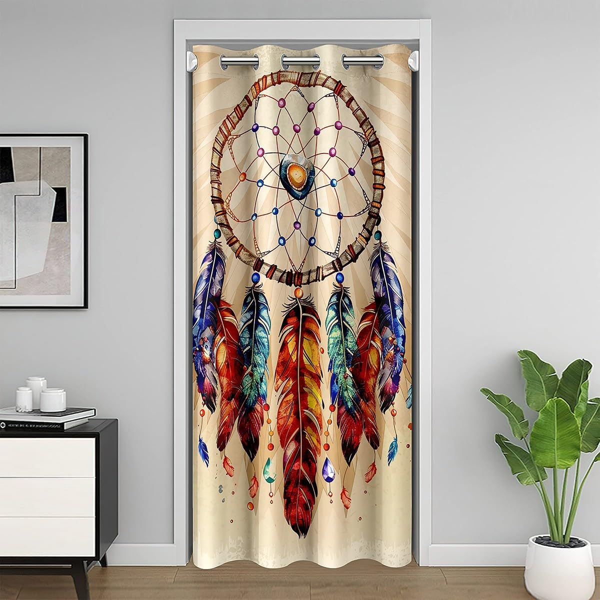Dreamcatcher Insulated Thermal Curtain Boho Dream Catcher Door Curtain for Doorway Privacy Bohemian Style Insulated Thermal Curtain Bedroom Colorful Indian Feather Decor Window Treatments 34"x80"