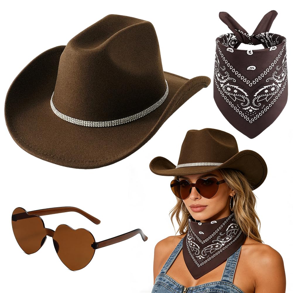 FCXVXCL Sombrero Vaquera 3 Piezas Sombrero de Vaquero Accesorios Sombreros Vaquero del Oeste Traje Sombreros Vaquera con Pañuelo Cuadrado y Gafas para Disfraz Vacaciones Fiesta — view 10