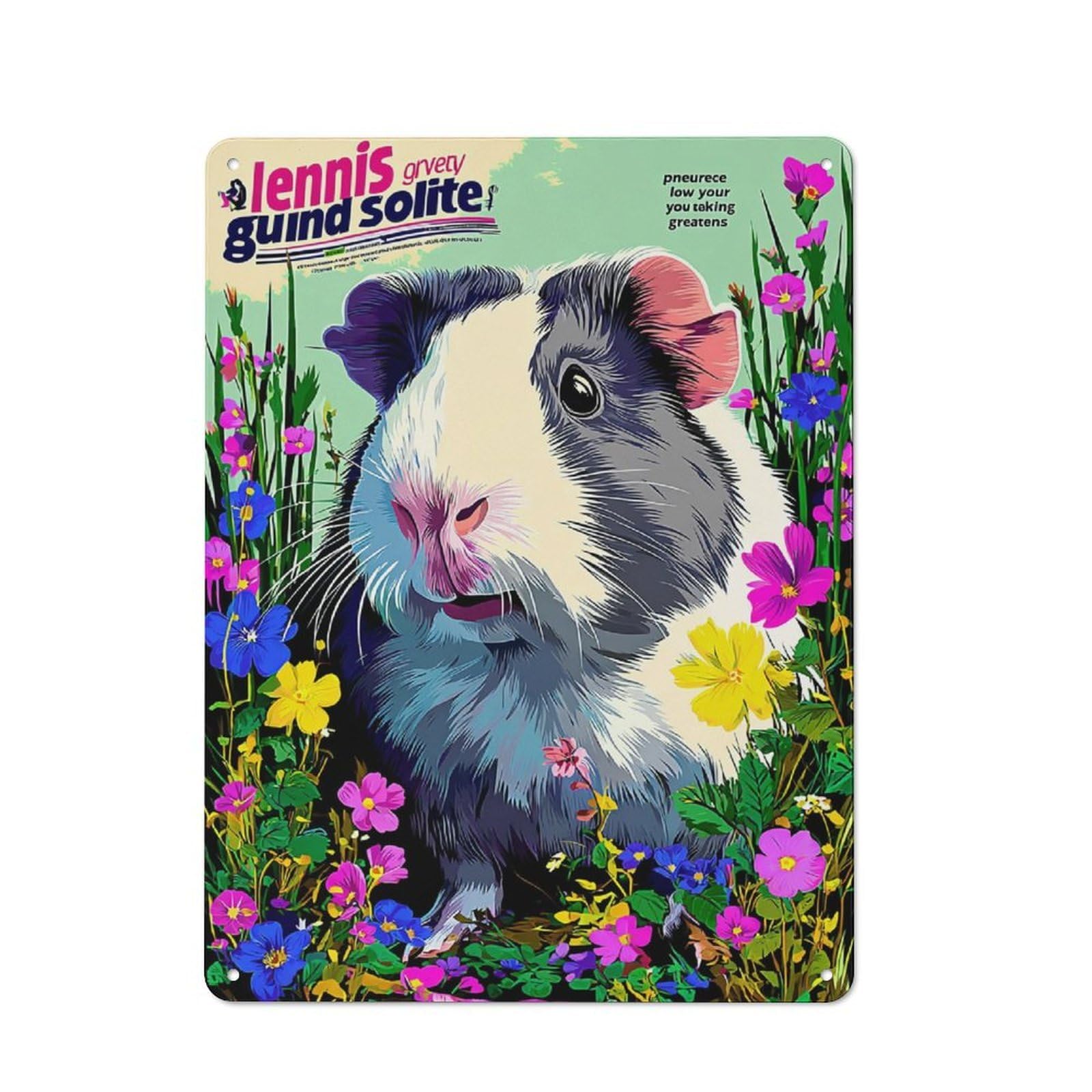 Bistro Style Gorgeous Guinea Pig in Flowers Decorative Metal Plaque 40x30cm, Bistro Wall Plaque for Tea Room, Shop Wall Or Breakfast Area