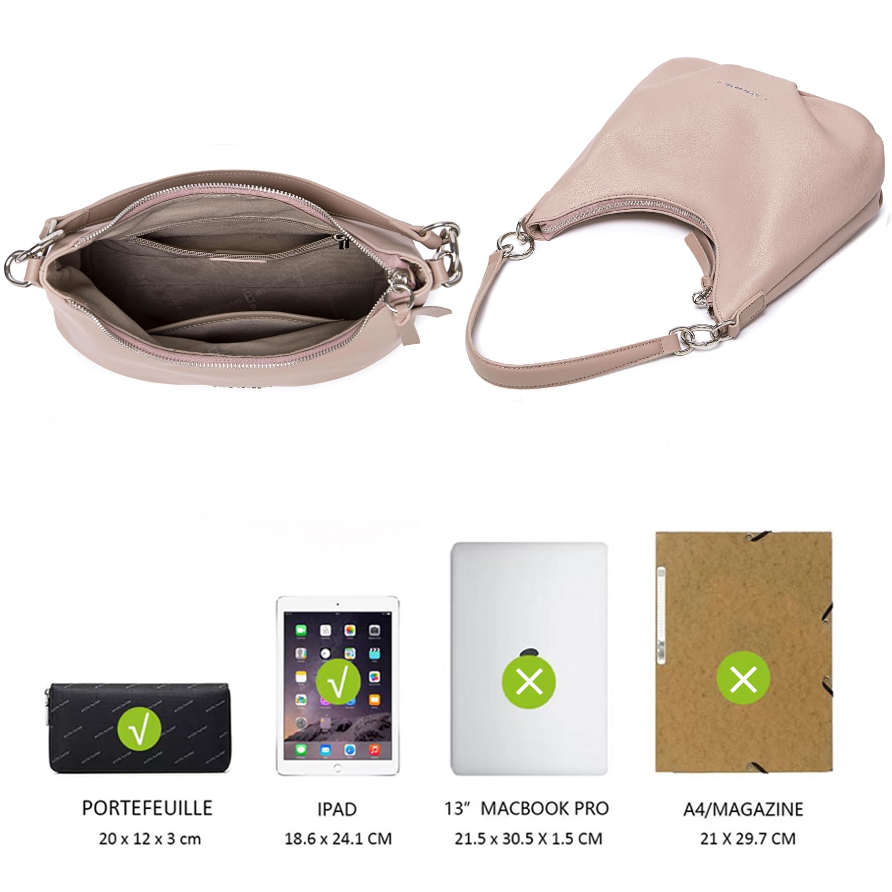 David Jones - Hobo Bag Damen, Mittelgroße Schultertasche PU Leder, Rosa
