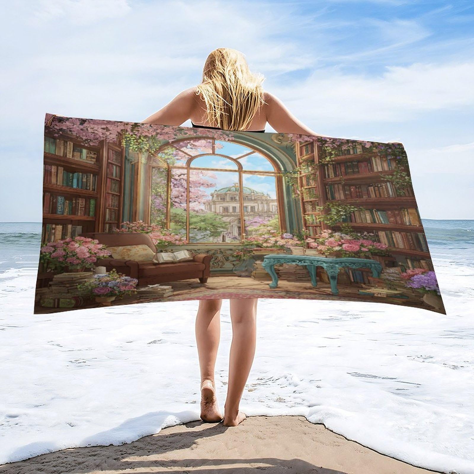 Luyysky Mid Century Retro Library Bookshelf Absorbent Beach Towel, Rustic Watercolor Castle Plant Pink Roses Cherry Blossoms Outdoor Single-Sided Velvet Beach Towel-80 W Cm X 160" L Cm