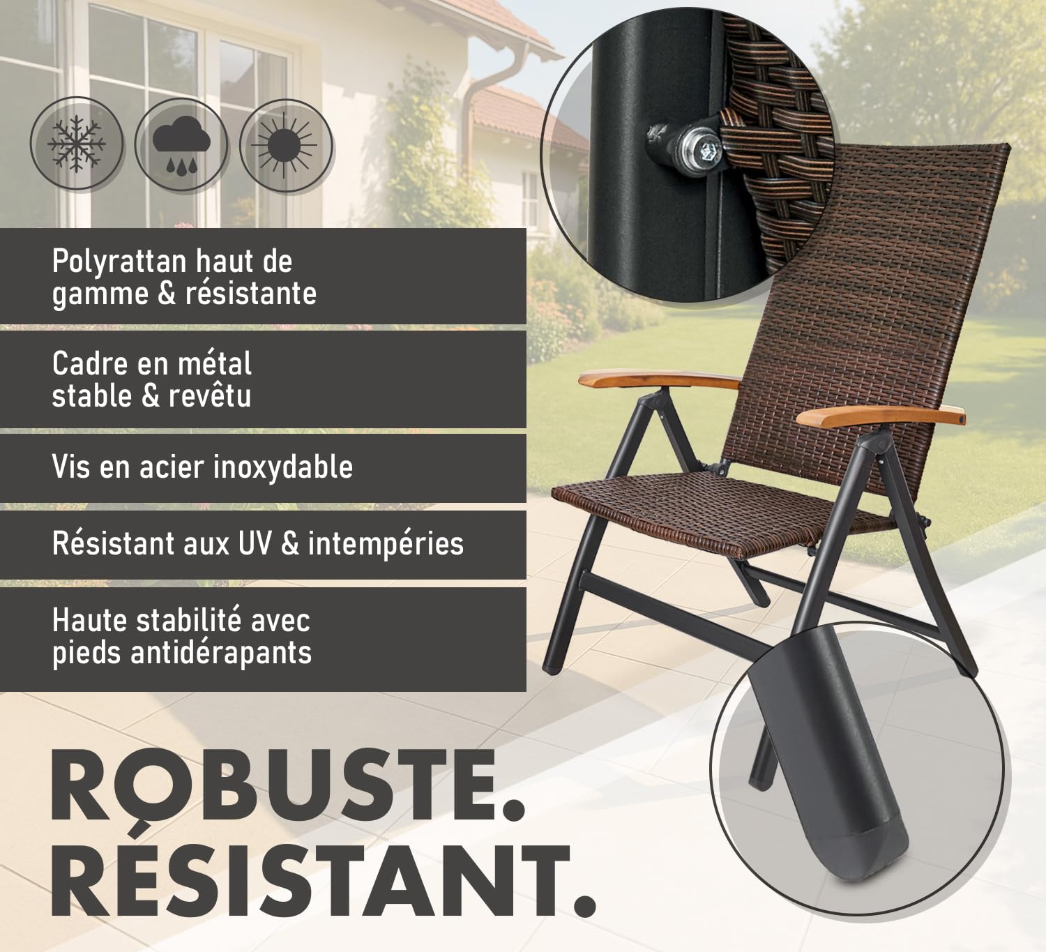 BRUBAKER Modena Chaise de Jardin Poly Rattan - Chaise à Dossier Haut réglable en 7 Positions - Rembourré - Imperméable - Métal - Gris/Brun