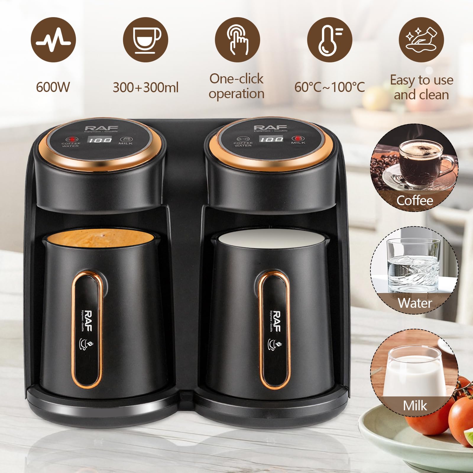 RAF Elektrische Türkische Kaffeemaschine, 600W Kaffeepott mit Dual-Heizsystem, Gleichzeitig Kaffee & Milch erhitzen, 300+300ml Große Kapazität für 6 Tassen, mit Anti Trockenlauf Schutz