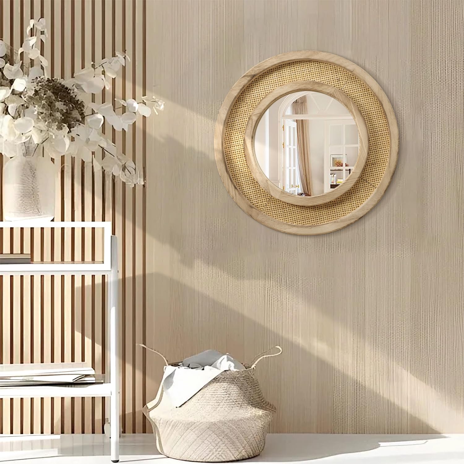 JJUUYOU Marco de Madera, Espejo de Madera, Espejo Redondo para Paredes, Espejo Colgante Circular de 50 cm, Ideal para Salas de Estar, baños, mesas de tocador, entradas y pasillos, marrón
