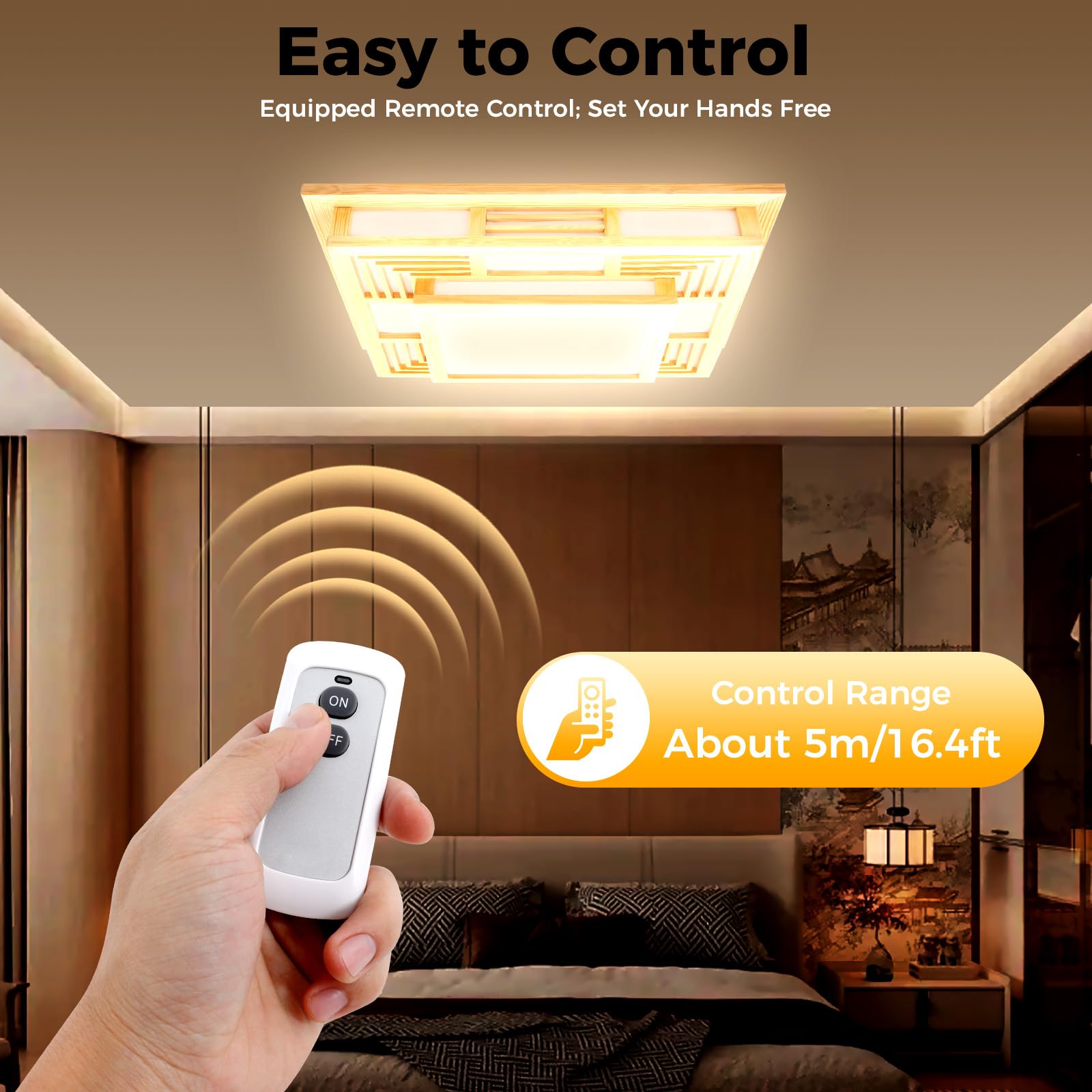 Plafón LED cuadrado, techo de madera, tres colores ajustables con mando a distancia, diseño japonés moderno, alcance del mando a distancia, aproximadamente 5 metros, sombra cerrada, para salón