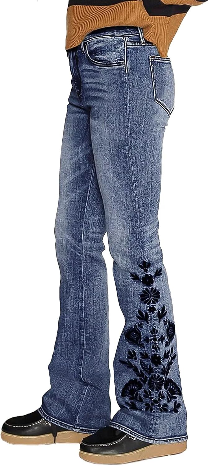 Flamingals Embroidered Jeans for Women Mid Waist Casual Floral Embroidery Bottom High Stretch Bootcut Jeans