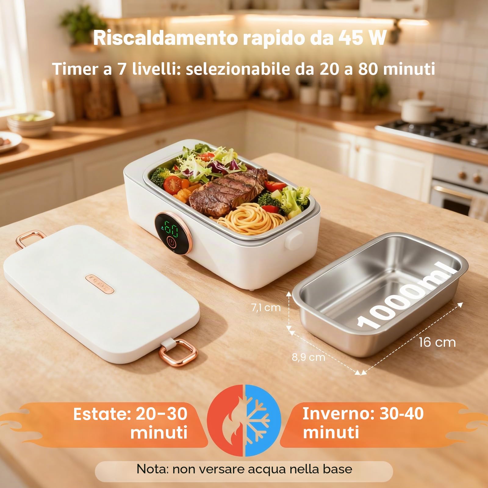 Contenitore per il pranzo elettrico con batteria, senza fili, portatile, riscaldato, 1 l, in acciaio inox, isolato e autoriscaldante, 6 temperature e 6 timer, per ufficio, picnic, auto, esterno