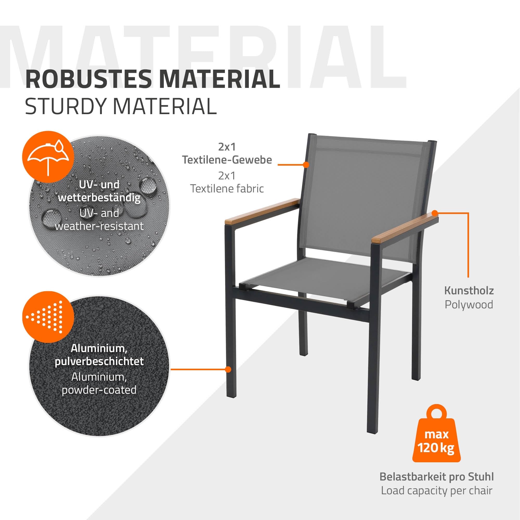 ML-Design Juego 2X Sillas de Jardín Gris Oscuro Asiento de Textilene para Terraza, Aspecto Madera y Estructura de Aluminio con Reposabrazos y Respaldo Mueble Apliable Resistente a la Intemperie