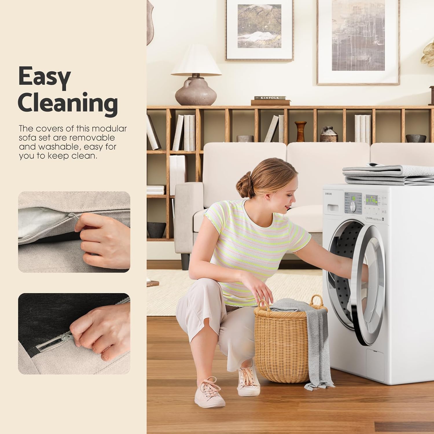 3 Seater Convertible Sectional Sofa,L-Shaped Lounge Couch with Storage Ottoman, Linen Fabric Sofa with Reversible Chaise for Small Apartments Living Room Office, Beige