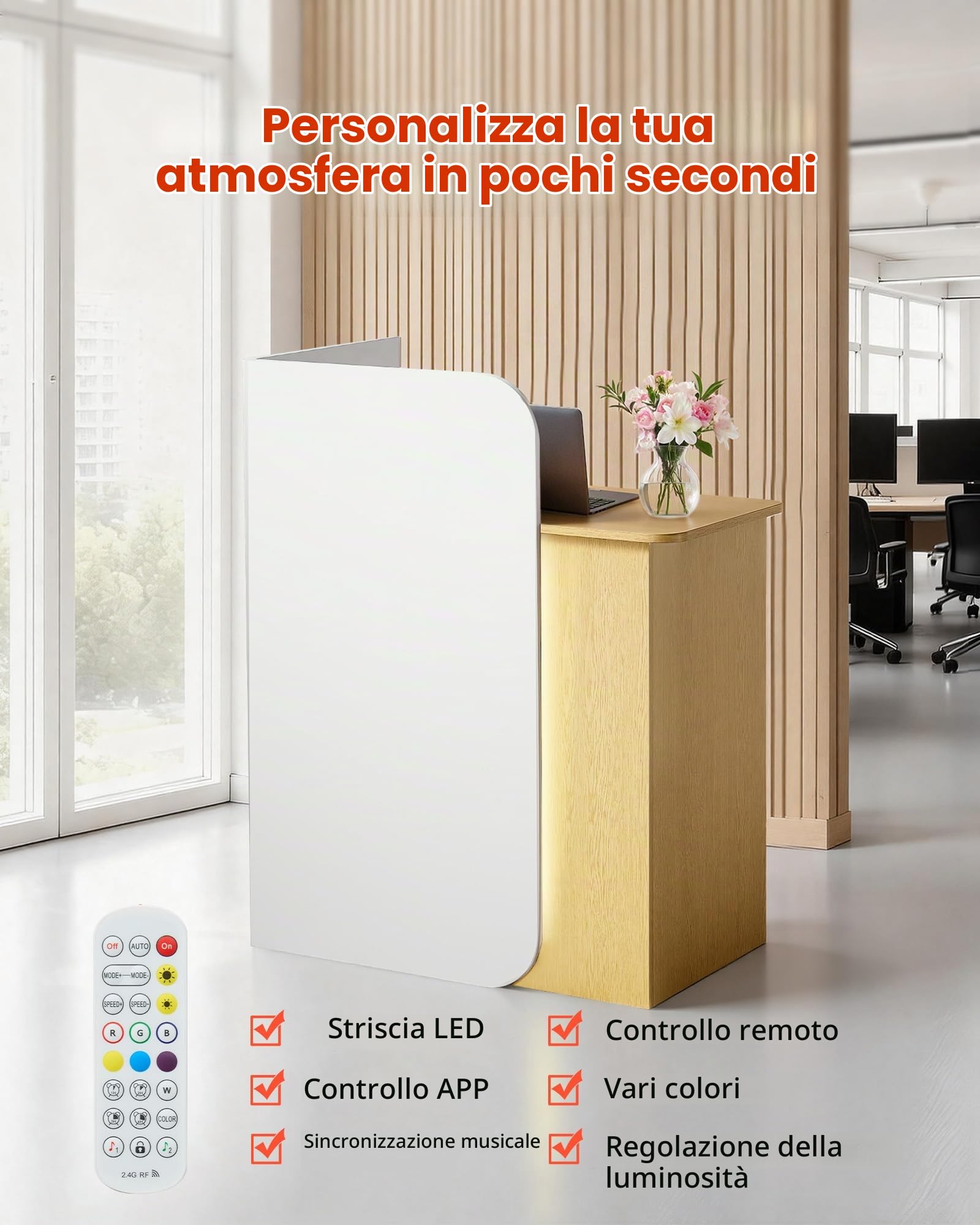 VEVOR Bancone Reception Lungo 80 cm Rettangolare con Illuminazione a LED, 2 Cassetti e Prese, Moderno per Cassiere, Hall, Salone di Bellezza, Ufficio, Hotel, Bancone Vendita, Truciolato