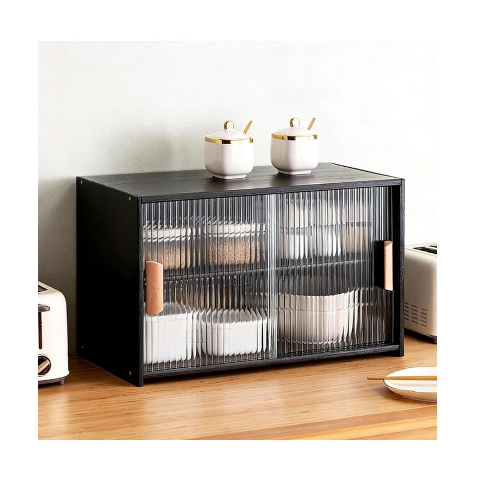 BHGFYXBS Bamboo Kitchen Sto Cabinet With Sliding S Doors Adjustable Pantry Freestanding Dining Room Countertop Unit,Black-55X34X28Cm/22X13X11In,Black-55x34x28cm/22x13x11in