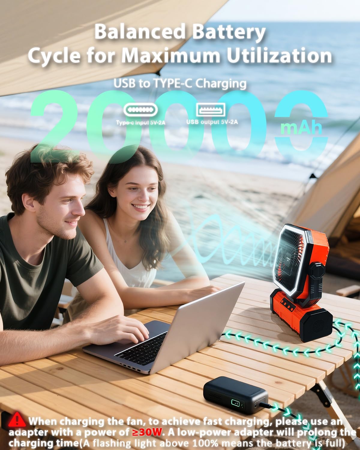 20000mAh Portable Camping Fan W/Bluetooth Speaker, Rechargeable Battery Operated Oscillating Camp Tent Fan W/Remote control, 4 Speeds, LED lights & 360° Rotation Hook for Outdoor RV Travel - Image 7