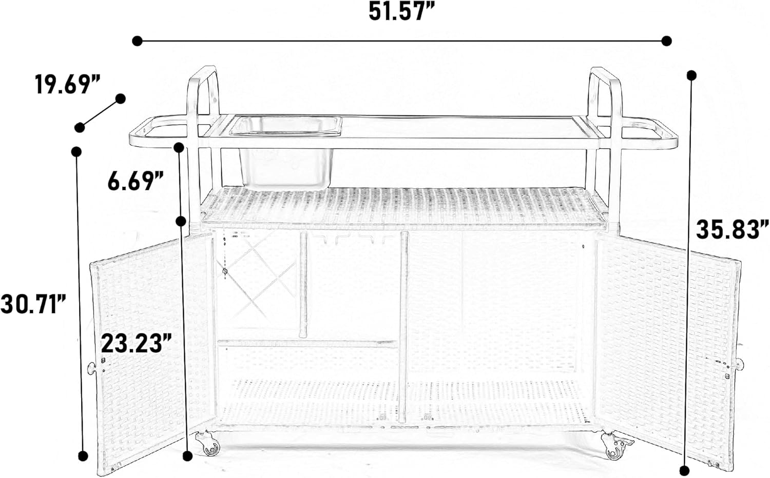 Patio Outdoor Bar Cart - Rattan Bar Cart with Steel Top and One Ice Bucket, Outdoor Patio Storage Cabinet with Lockable Wheels for Garden, Backyard, Poolside
