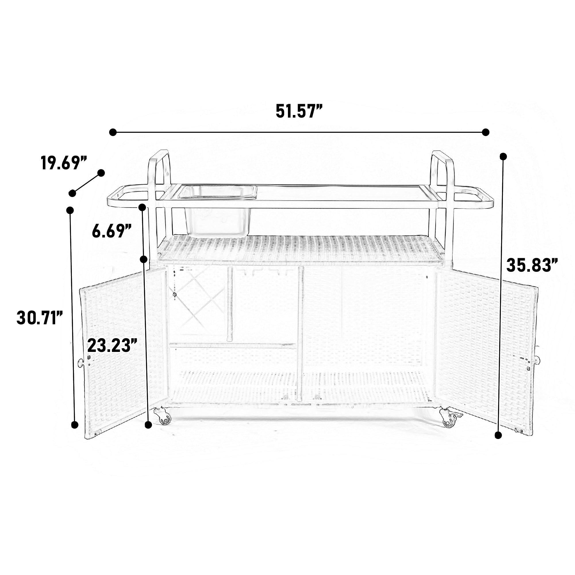 Mesa de bar para exteriores, carrito de mimbre con gabinete, carrito de servicio de patio con tapa de acero, con un cubo de hielo, cesta lateral para jardín, ruedas bloqueables, lado de piscina y
