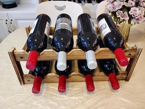 Miniatura 3 de LoongZDD Estante de vino elegante y que ahorra espacio para 8 botellas, madera de pino carbonizada de alta calidad, diseño de dos niveles para