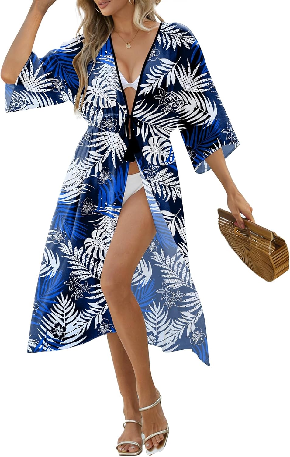 Womens Swimsuit Coverup Casual 3/4 Sleeve Cardigans Swimsuit Summer Beach Cover Ups with Tropical Prints Navy Blue