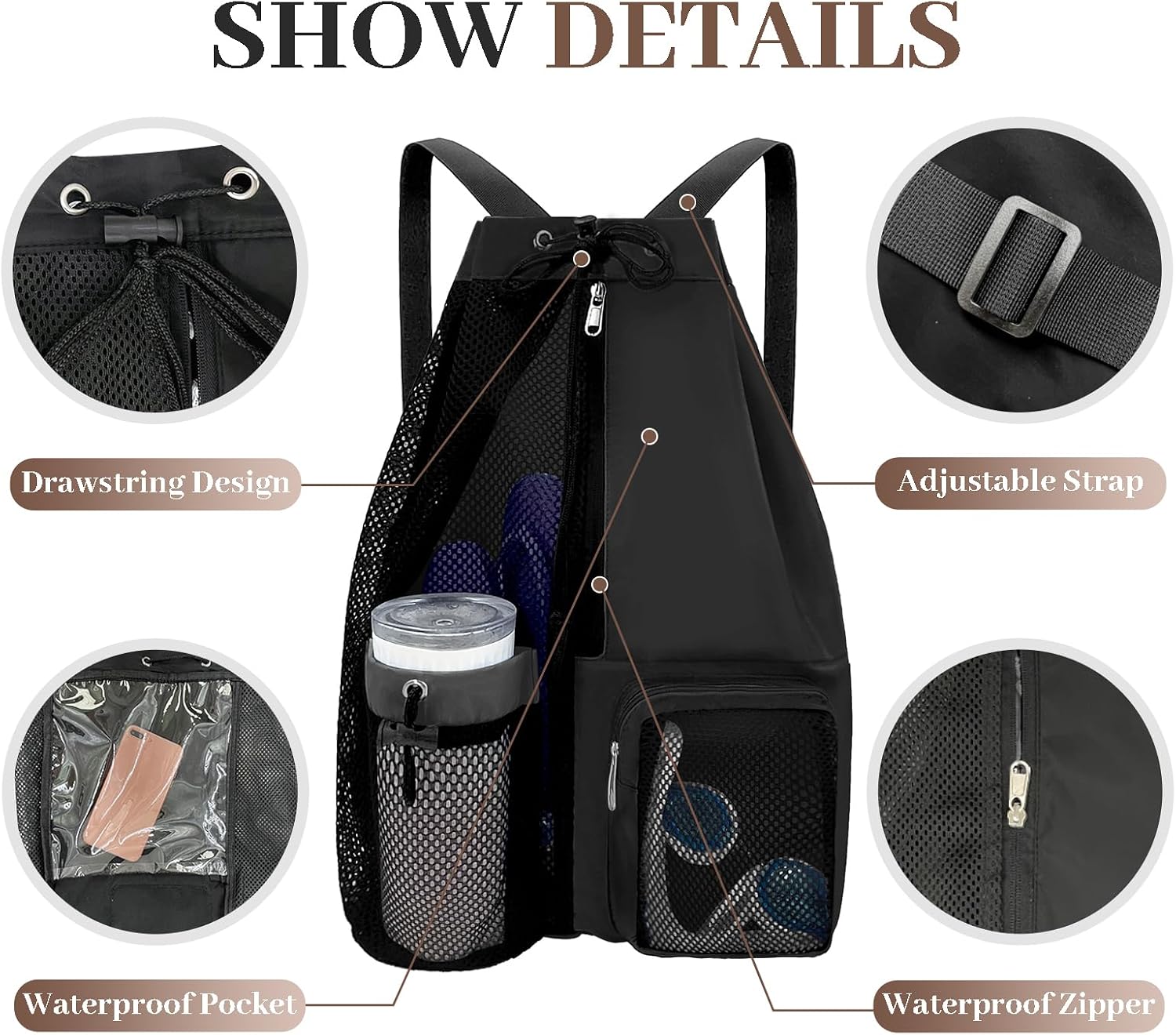 Beach Backpack with Wet Pocket Drawstring Mesh Beach Bag Waterproof Swimming Pool Backpack for Men and Women